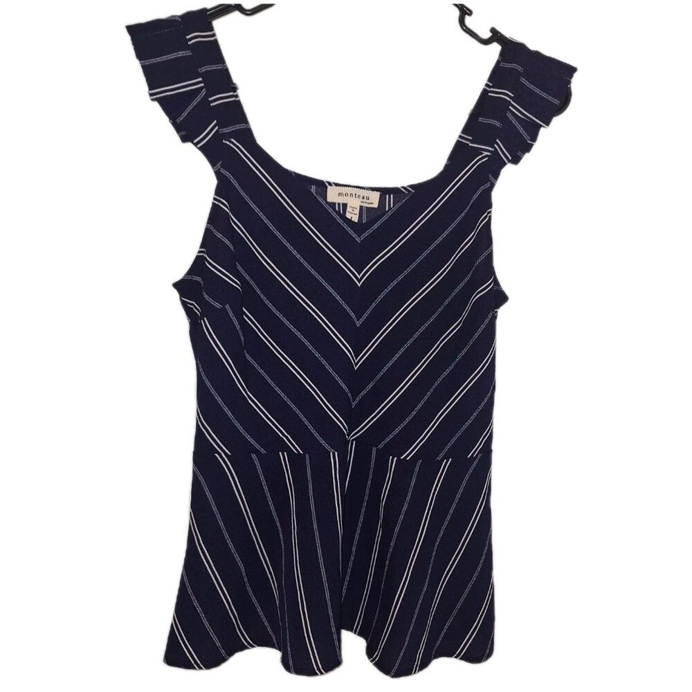 Monteau Navy Striped Flutter Sleeve Blouse Large V- Neck Polyester Flowy Dressy